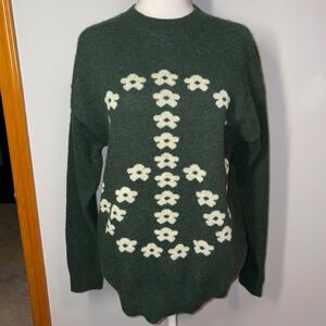 Witty‎ Fox Green Peace Sign Floral Knit Sweater Young Contemporary Size S